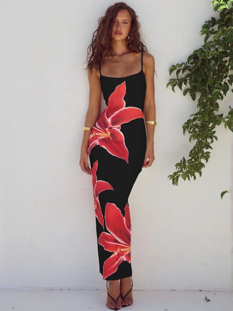 Women Floral Print Long Bodycon Strap Sleeveless Backless Midi Elegant Gown  Summer Dress