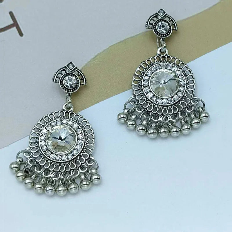 Vintage Round Inlaid Rhinestone Indian Earrings for Women Luxury Blue Crystal Bead Tassel Earrings Jhumka Jewelry Gift