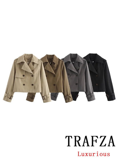 TRAFZA Vintage Casual Chic Women Jackets Solid Double Breasted Turn-down Collar Long Sleeve Short Coat Fashion 2024 Autumn Coat