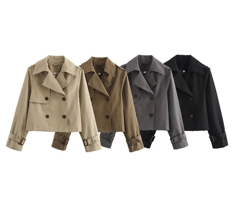 Women Vintage Casual Chic Solid Double Breasted Turn-down Collar Long Sleeve Short Coat  Jackets