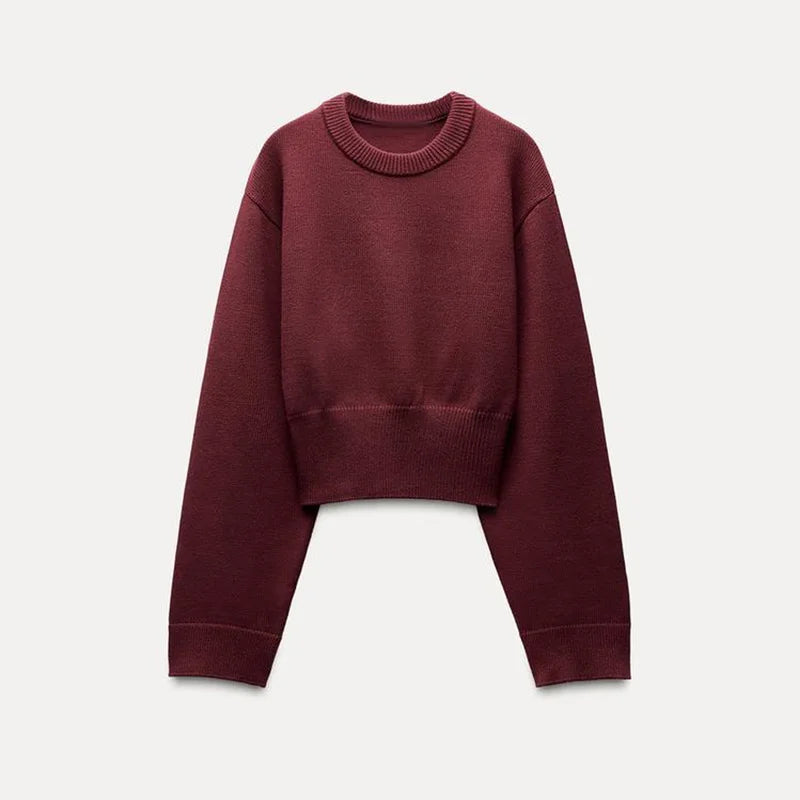 2025 New Knitted Women's Sweater Casual Round Neck Elastic Hem Wide Sleeve Crop Pullover Top Ladies Fashion Knitwear Jumper