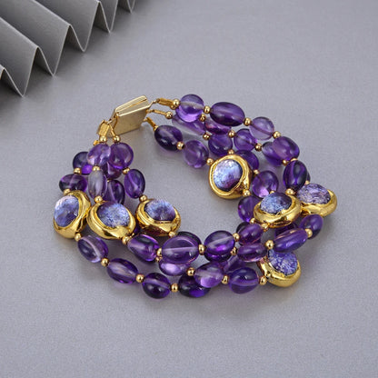 GuaiGuai Jewelry 4Rows Natural Purple Amethysts Rough With Electroplated Edge Purple Murano Glass Bracelet 8" For Women