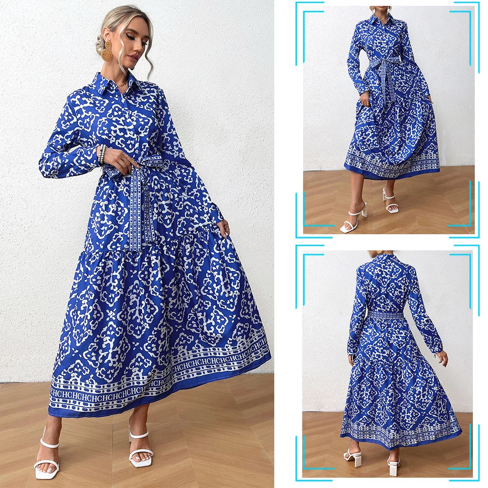 Women's Bohemian Style Elegant Dress Long Belt Retro Print Banquet Style Long A-line Women's Dress Vestido