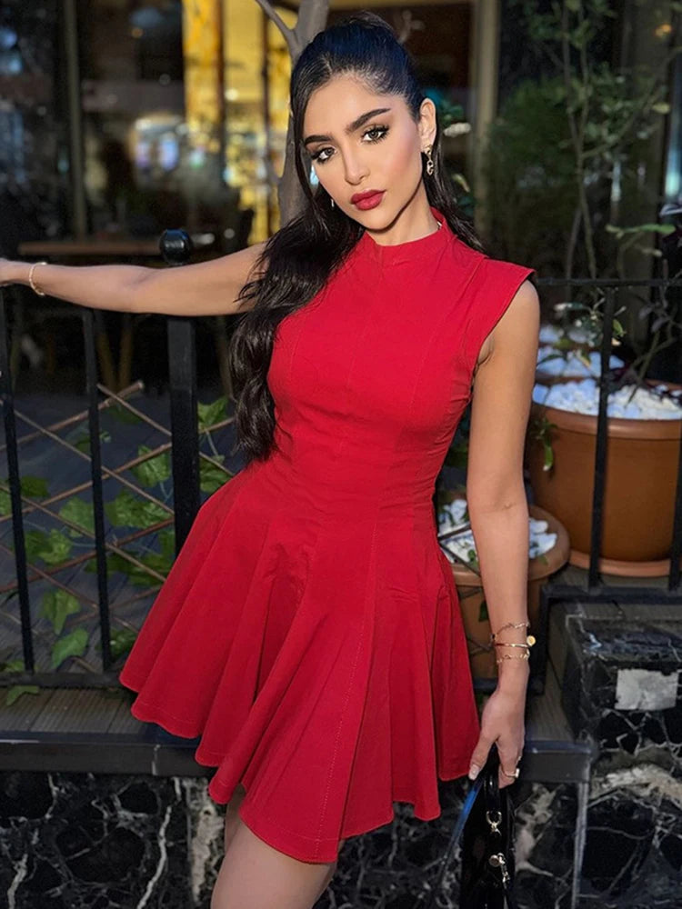 Half High Collar Sleeveless Sexy Mini Dress For Women Fashion Solid Red High Waist A-line Club Pleated Sexy Dress