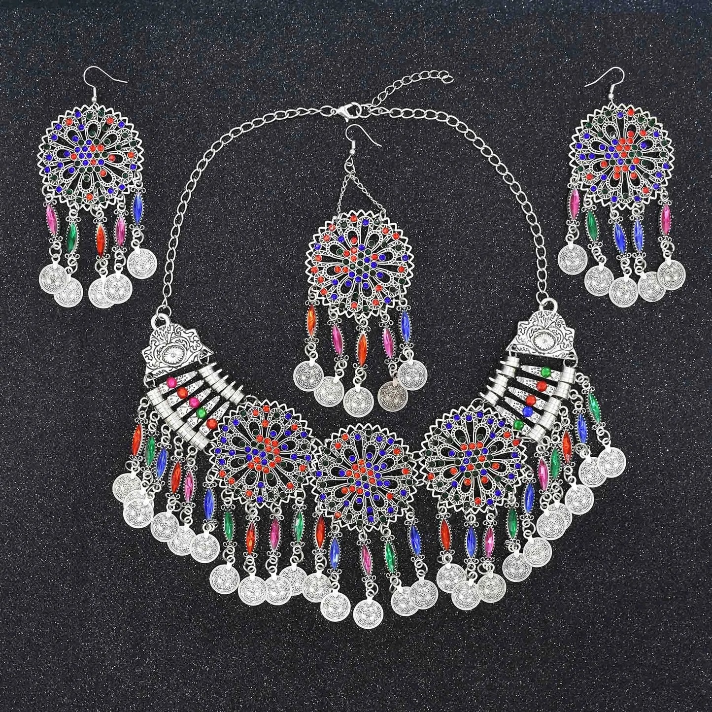 3pcs Indian Afghan Jewelry Sets Necklace Earrings Hairbands for Women Boho Ethnic Coins Tassels Colorful Crystal Drop Accessory