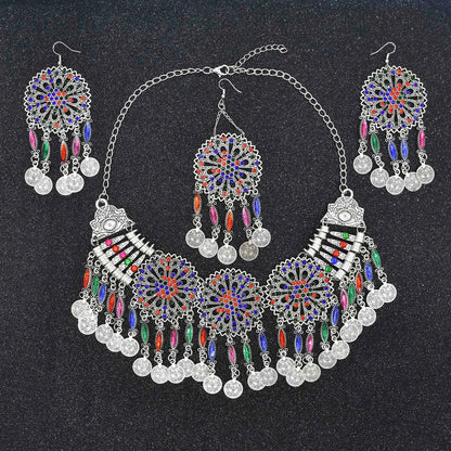 3pcs Indian Afghan Jewelry Sets Necklace Earrings Hairbands for Women Boho Ethnic Coins Tassels Colorful Crystal Drop Accessory