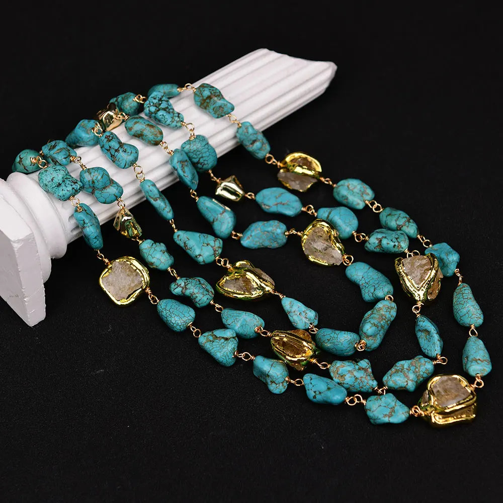 G-G 3 Rows Natural Stone Freedom Blue Turquoise Yellow Citrine Gold Plated Nugget Necklace