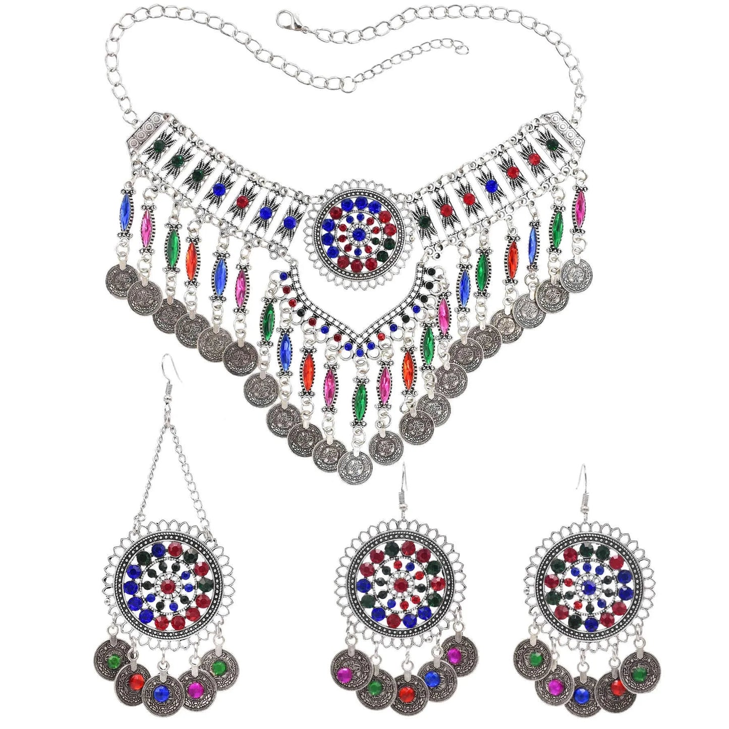 3pcs Indian Afghan Jewelry Sets Necklace Earrings Hairbands for Women Boho Ethnic Coins Tassels Colorful Crystal Drop Accessory