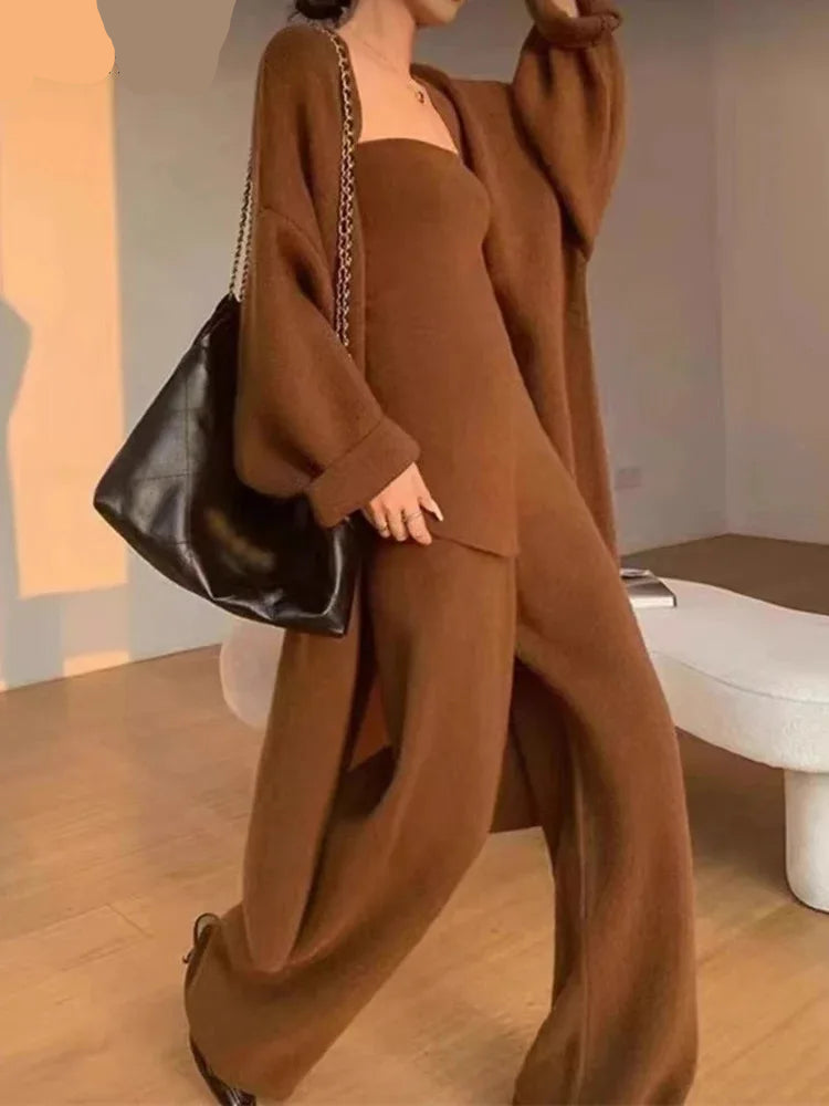 Elegant Women's Sets Casual Knit Cardigan Sweater Wide Leg Pants Fashion All Match Three Piece Set 2025 Autumn Winter C2360