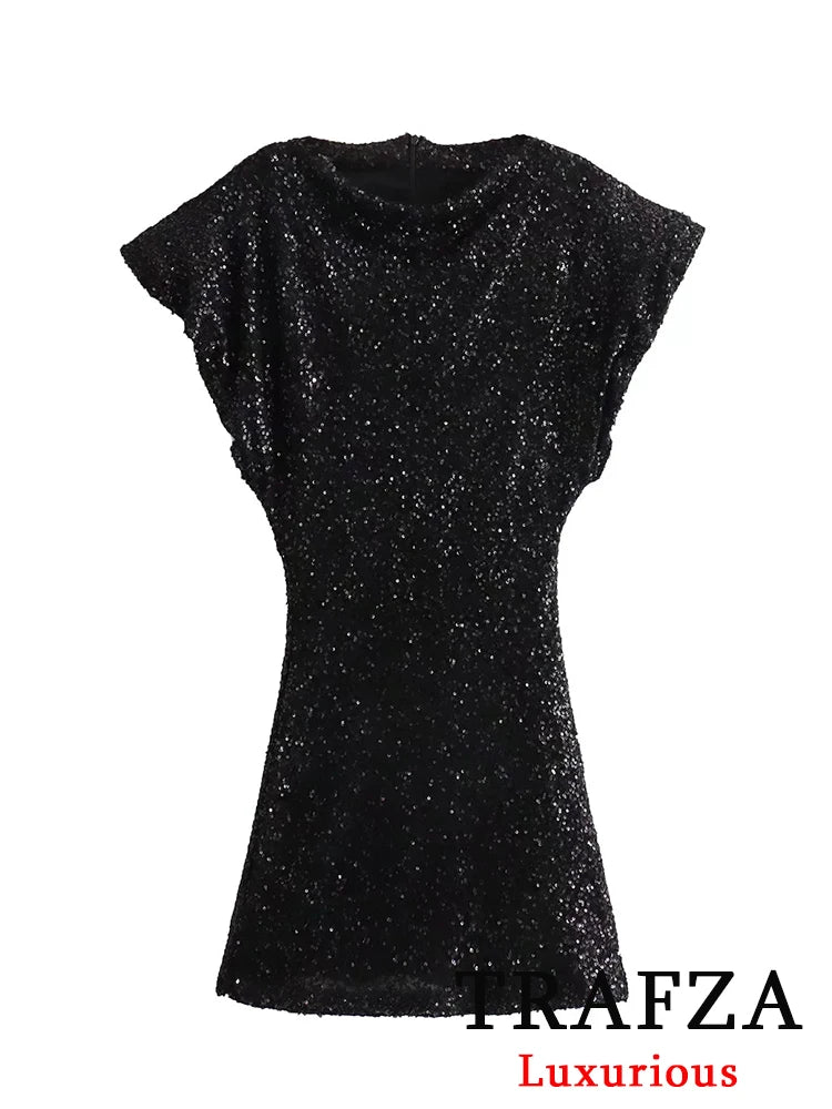 TRAFZA Sexy Sequined Black Mini Party Dress Women Short Sleeve O Neck Sleeveless Dress Fashion 2024 Summer Evening Club Dress