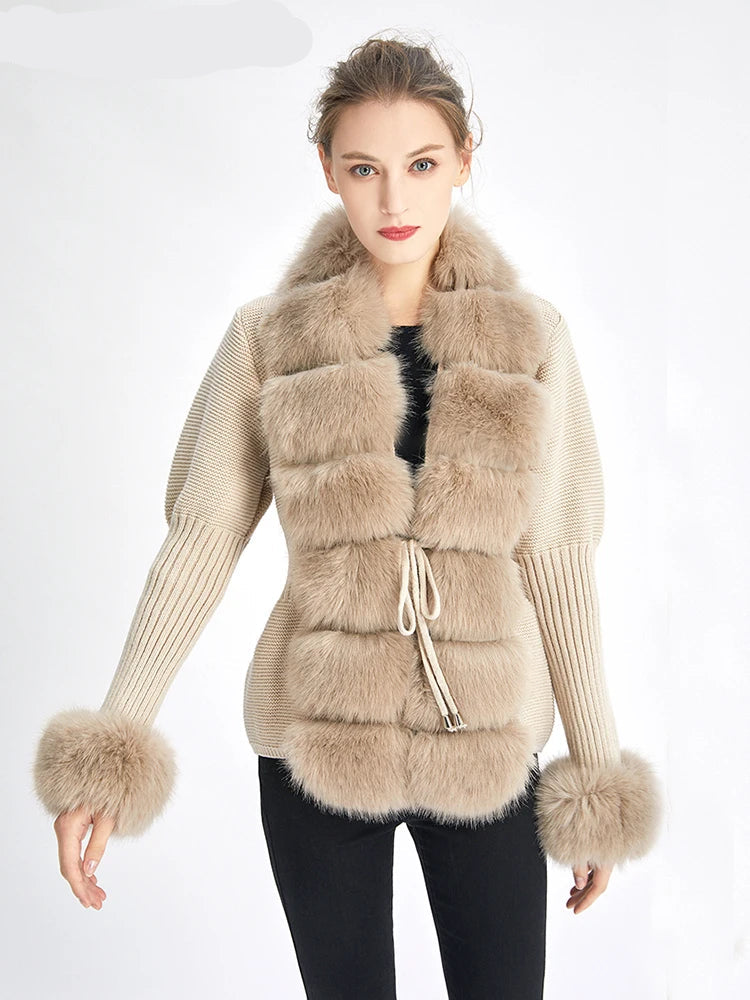 Luxury Fur Cardigan Knit Winter Sweater Women Elegant Detachable Fur Belt White Pink Black Womens Cardigan Korea Style