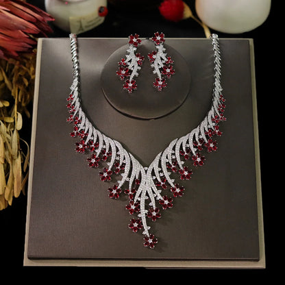 Fashion Cubic Zirconia Flowers Vine Necklace Earrings Two-piece Wedding Party Jewelry Sets For Women