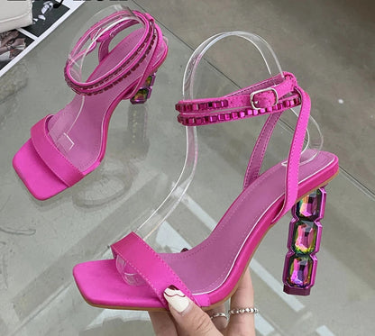 Summer Crystal Embellished High Heel Sandals Women Diamond Open Toe Ankle Strap Silk Satin Rhinestone Banquet Shoes