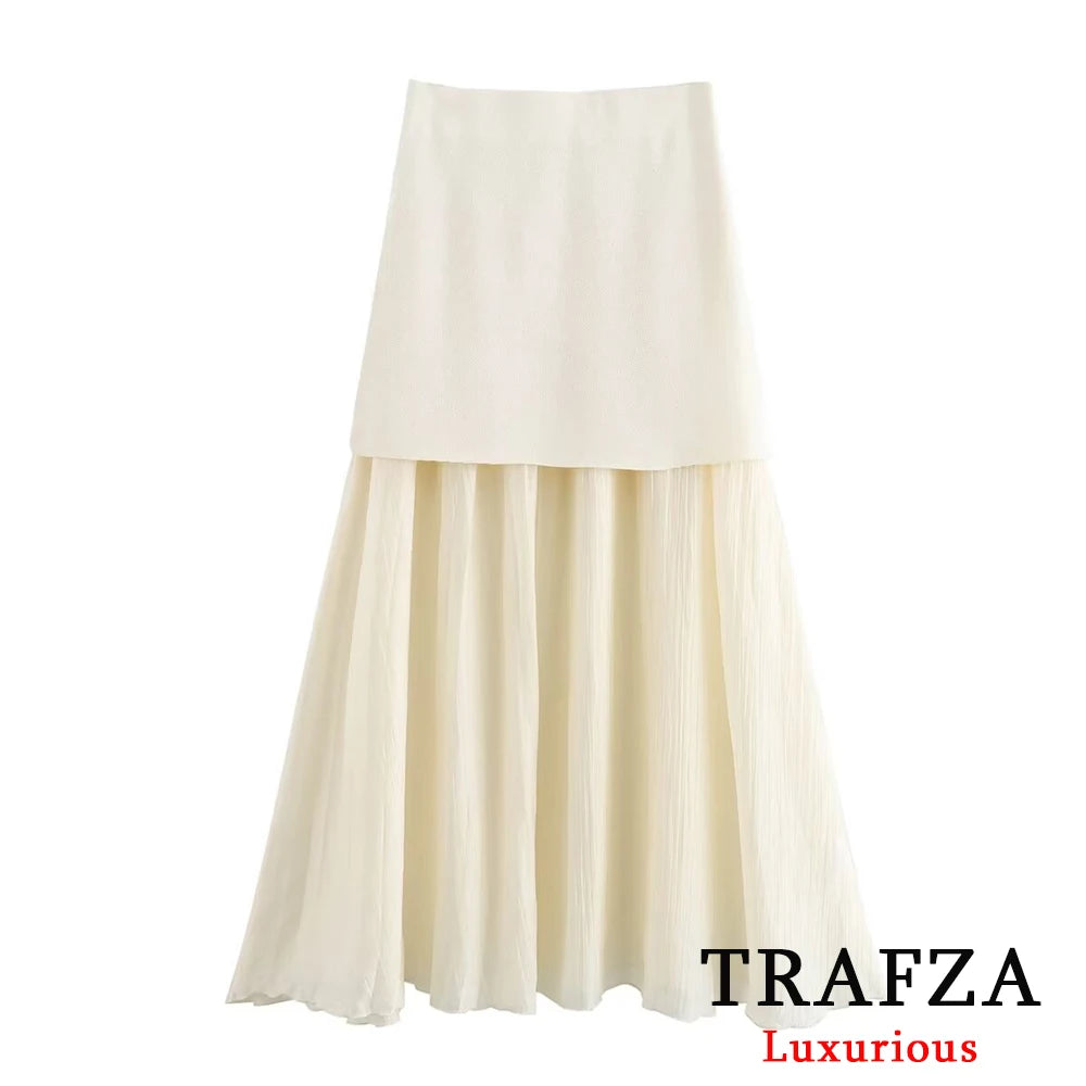 TRAFZA Office Lady Beige Knitted Women Suit V Neck Gold Button Vest+High Waist Ruffles Long Skirts Fashion 2024 Elegant Sets