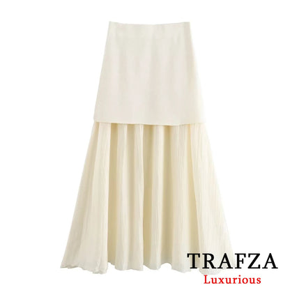 TRAFZA Office Lady Beige Knitted Women Suit V Neck Gold Button Vest+High Waist Ruffles Long Skirts Fashion 2024 Elegant Sets