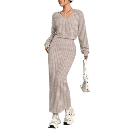 2025 Autumn/Winter New Style Casual Commuting Knitted Long Sleeve Set Hoodie Loose Dress Two Piece Set