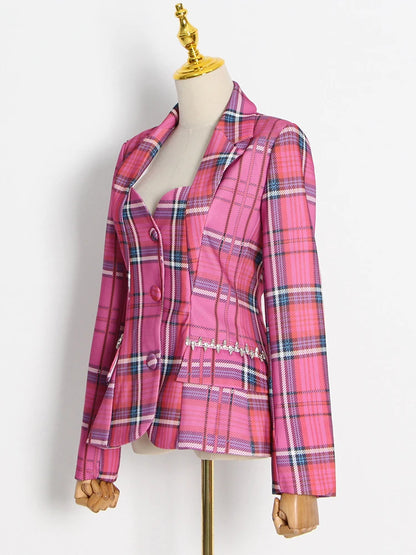 Rose Plaid Blazers For Women Slim Cut Out Back Lapel Long Sleeve Color block Coats