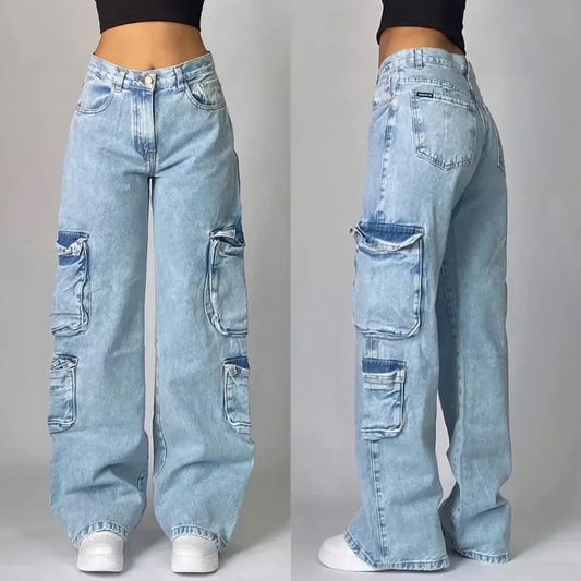 American New Fashion Multi-pocket Washed Baggy Jeans Women Vintage Hip Hop High Waist Casual Wide Leg Pants