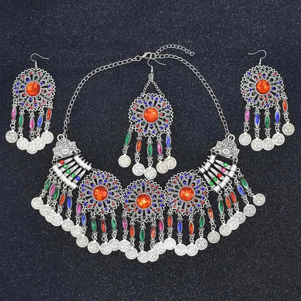 3pcs Indian Afghan Jewelry Sets Necklace Earrings Hairbands for Women Boho Ethnic Coins Tassels Colorful Crystal Drop Accessory