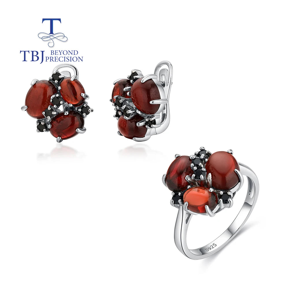 925 Sterling Silver natural Red Garnet Ring Earrings Jewelry set Women's fashion simple design anniversary gift