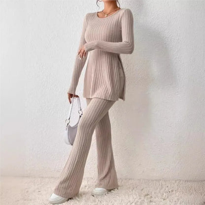 Autumn Winter Women's Clothing New Style Solid Color Sexy Casual Long Sleeved Round Neck Slit Fashion Temperament Two-piece Set