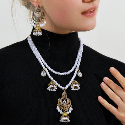 Elegant Luxury Rhinestone Pearl Indian Earrings Necklace Set Women's Geometric Bell Tassel Long Necklaces Wedding Dubai Jewelry