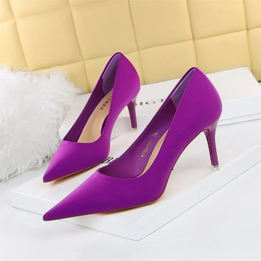 Concise Big 34-43 Woman Shoes Shallow Solid Silk High Heels Women Pumps Autumn Purple Red Pointy Toe Ladies Wedding Office Shoes