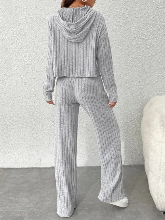 New Casual Knitted Striped Long Hooded Sweatshirt Loose Long Sleeves and Trousers Fashion Suit