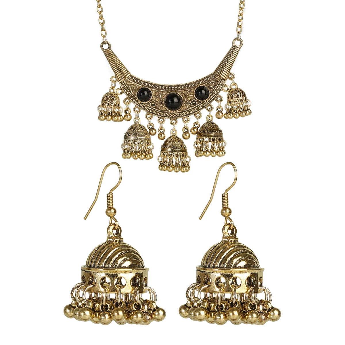 Fashion Indian Women Luxury Jewelry Set Charm Afghan Metal Small Bell Jhumka Earrings&Necklace Set Femmes Wedding Gift