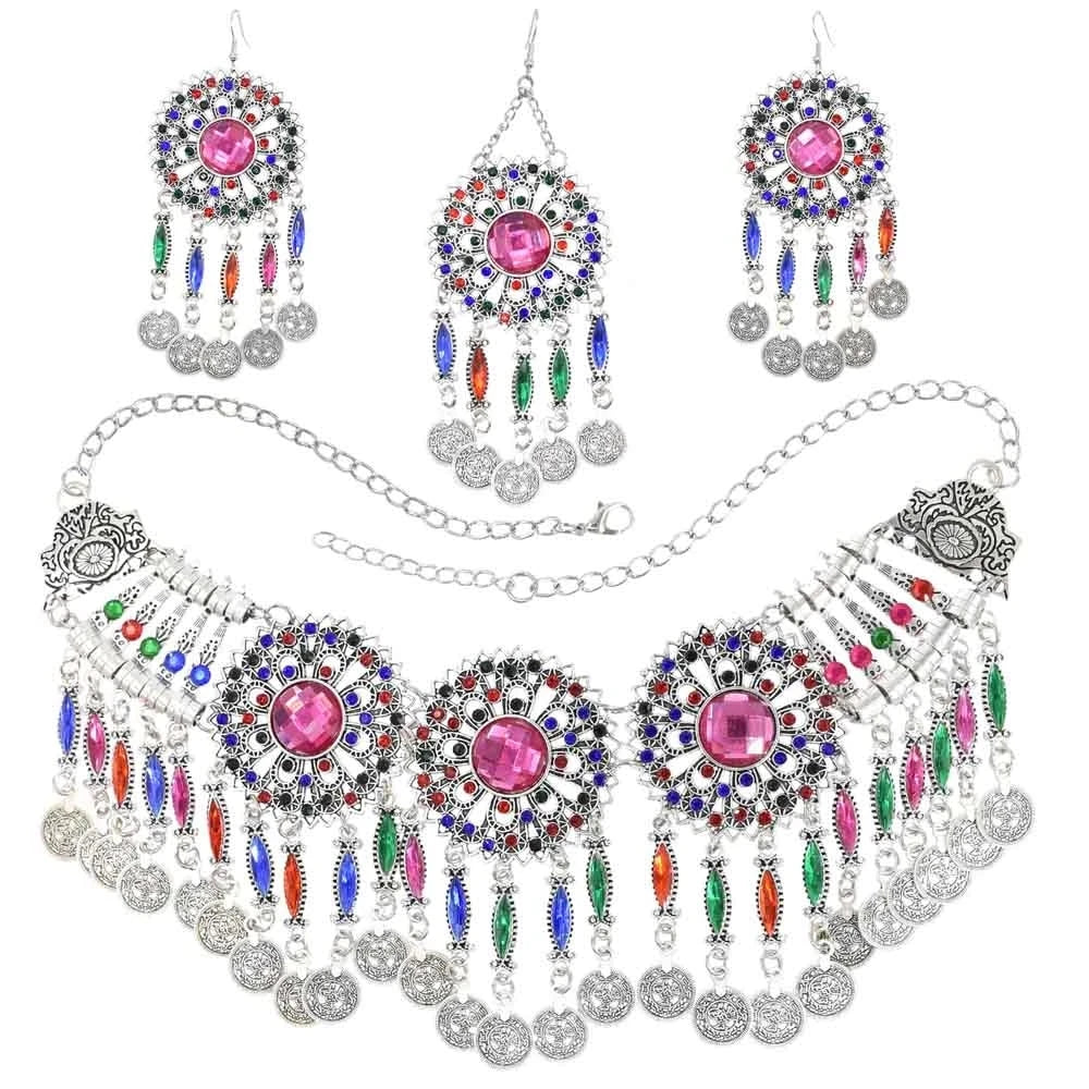 Gypsy Turkish Tribal Colorful Rhinestone Coins Necklace Earrings for Women Boho Pakistan Afghan Dress Clothes India Jewelry Sets