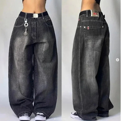 American New Fashion Multi-pocket Washed Baggy Jeans Women Vintage Hip Hop High Waist Casual Wide Leg Pants