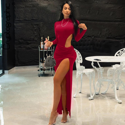 Cryptographic Fashion Ruched High Waist Split Maxi Dress outfits Club Party Long Sleeve Sexy Cut Out Gown Dress for women