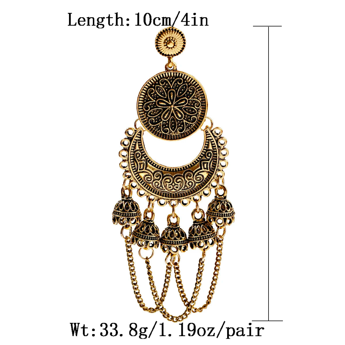 2024 Retro Indian Jhumka Jhumki Gypsy Ethnic Gold Alloy Carved Round&Crescent Bell Tassel Drop Earrings for Women Boho Jewelry