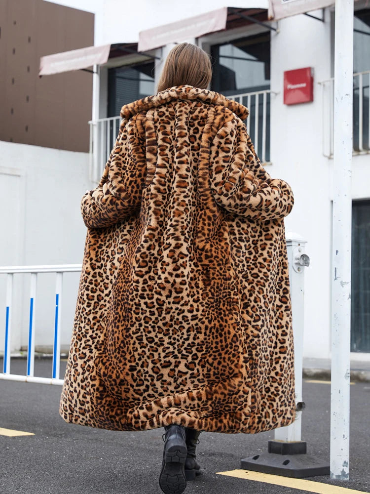 High Street Leopard Print Long Faux Fur Coat Fluffy Jacket for Women Winter Faux Rabbit Fur Trench Coat Plush Jackets