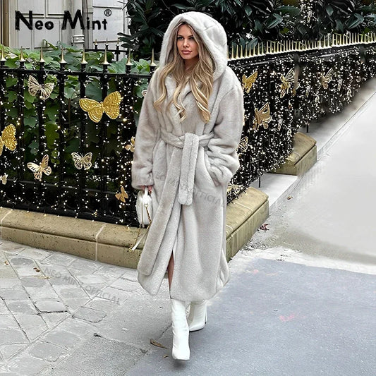 Belted Faux Mink Fur Coat Women 2024 Winter Beige Gradient Furry Fur Jacket Luxury Brand Hooded Warm Outerwear Overcoat