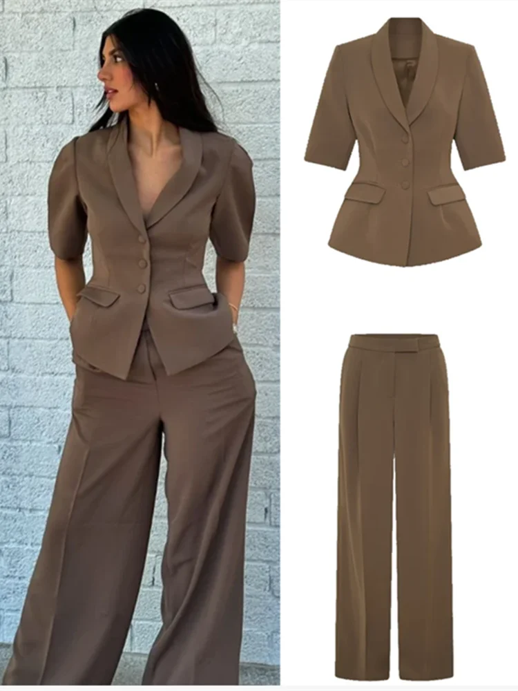 Fashion Short Sleeve Blazer Long Pants Sets Women Spring New Lapel Single Breasted Suit Tops Wide Leg Trousers Lady 2 Pieces Set