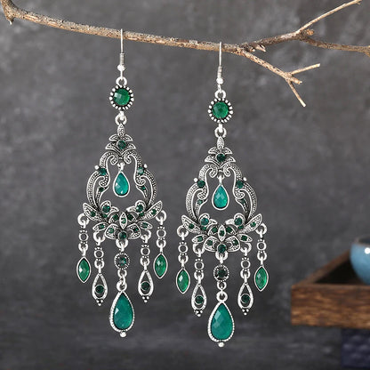 Vintage Ethnic Style Rhinestone Flower Shaped Water Drop Earrings for Women Elegant Long Texture Dangle Earring Female Jewelry