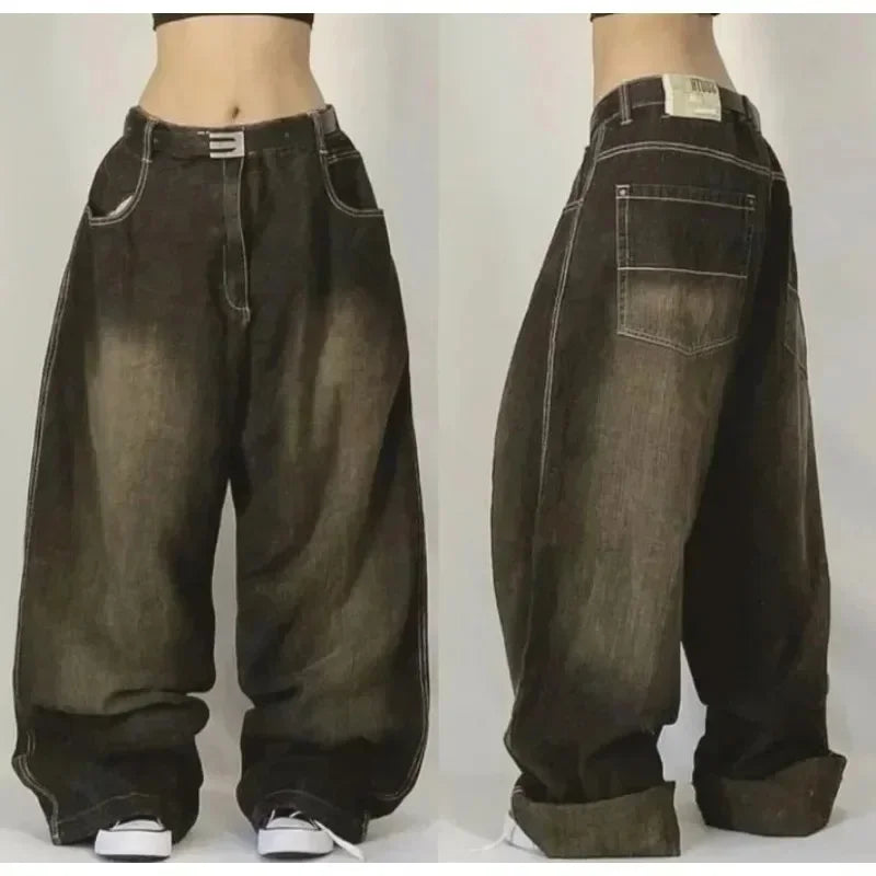 American New Fashion Multi-pocket Washed Baggy Jeans Women Vintage Hip Hop High Waist Casual Wide Leg Pants