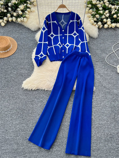 Printed Knit Two Pieces Sets Autumn Winter Single Breasted Cardigan+Wide Leg Long Pants Fashion Streetwear Suits