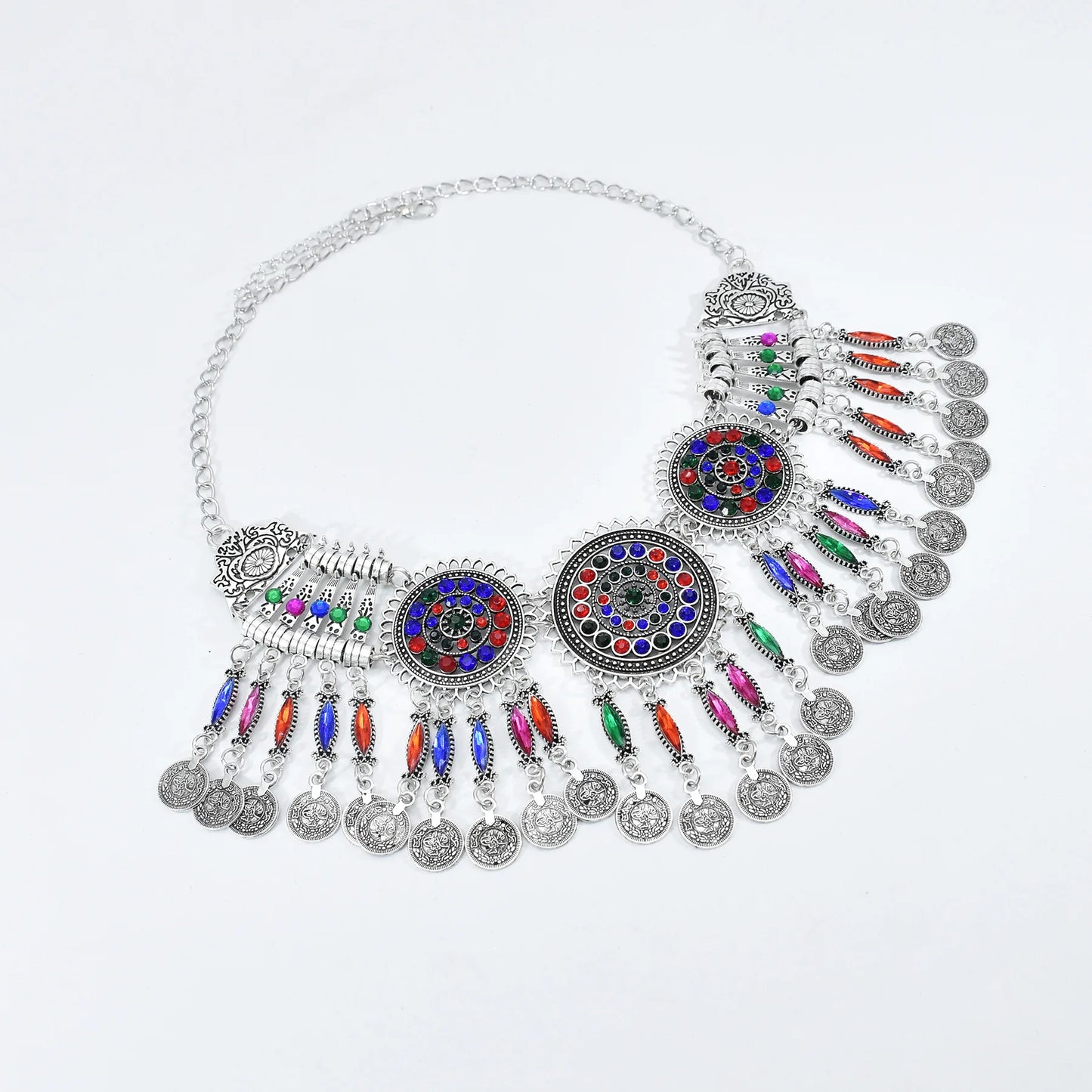 Colorful Crystal Bead Coin Ethnic Choker Necklace Drop Earrings Set For Women Retro Gypsy Afghan Traditional Dress Jewelry Sets