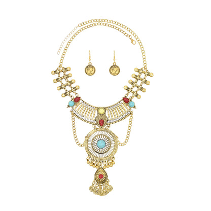 Retro Golden Afghan Gypsy Coin Statement Necklace Earrings for Women Colorful Acrylic Gemstone Pendant Ethnic Dress Jewelry Sets