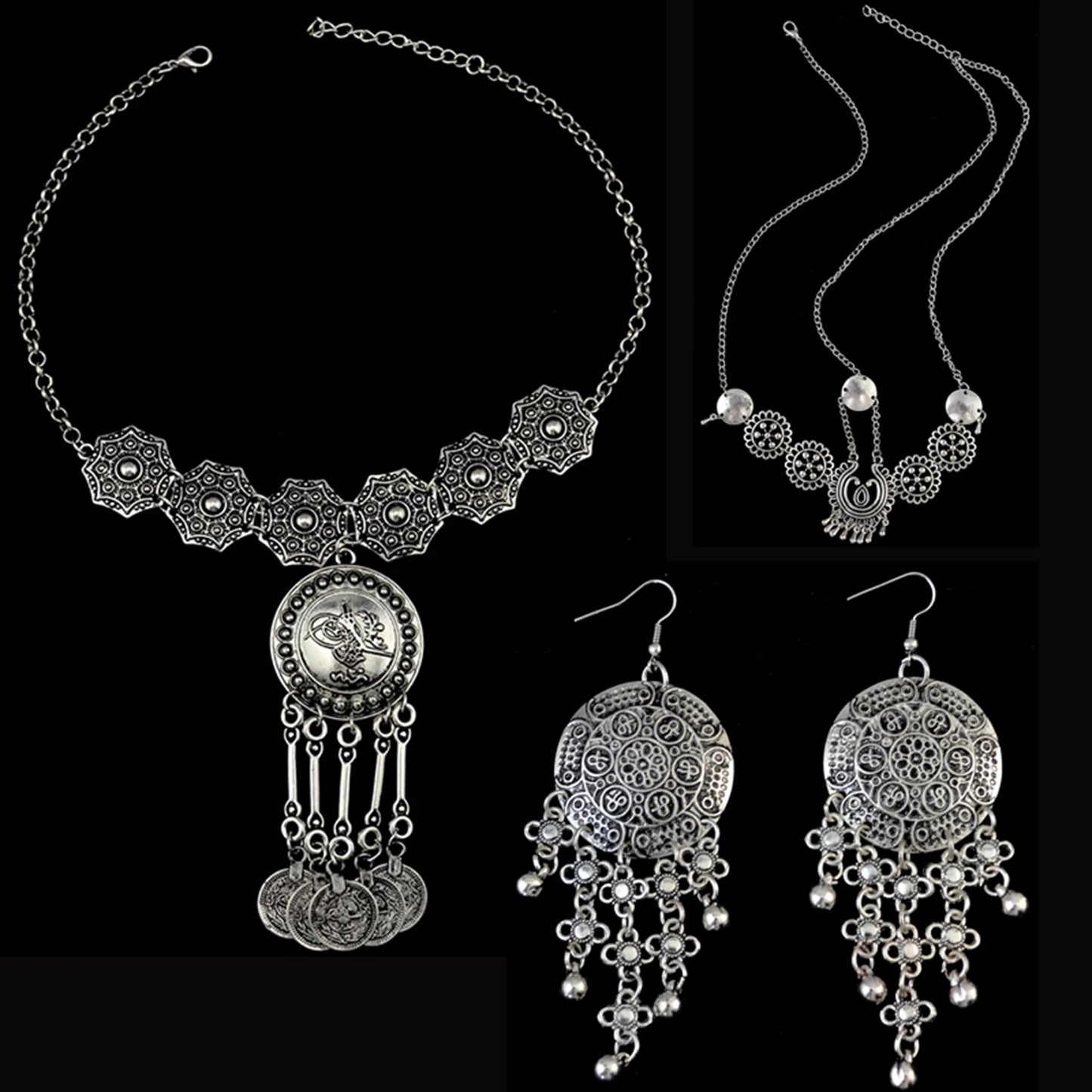 Vintage Silvery Long Chain Coin Bell Tassel Headwear Bracelet Necklace Earrings for Women Boho Afghan Turkish Gypsy Jewelry Sets