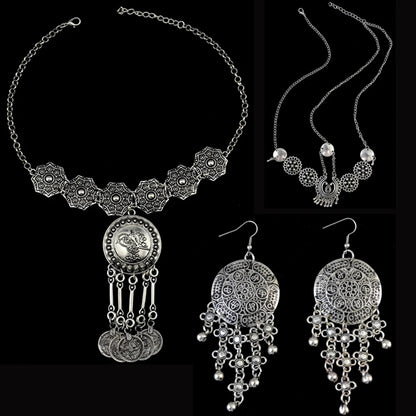 Vintage Silvery Long Chain Coin Bell Tassel Headwear Bracelet Necklace Earrings for Women Boho Afghan Turkish Gypsy Jewelry Sets