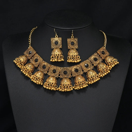 Afghan Vintage Tribal Gold Color Statement Collar Choker Indian Necklace Earring Sets Geometric Bell Tassel Coin Necklaces