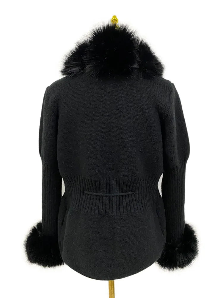 Luxury Fur Cardigan Knit Winter Sweater Women Elegant Detachable Fur Belt White Pink Black Womens Cardigan Korea Style