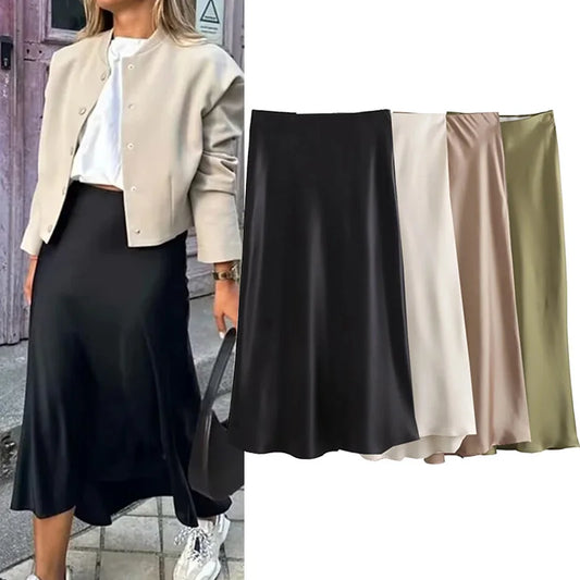 Black Satin Skirt Woman High Waist Elegant Long Skirts For Women Fashion Summer Midi Skirt Office Women's Skirts