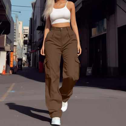 New Streetwear Women Cargo Pants Daily Casual Solid Color Multi Pockets Elastic Waist Pants Female Cargo Trousers 2024