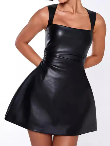 Mozision Black PU Leather Sexy Mini Dress For Women Robe Fashion Square Collar Sleeveless Backless High Waist A-line Club Dress