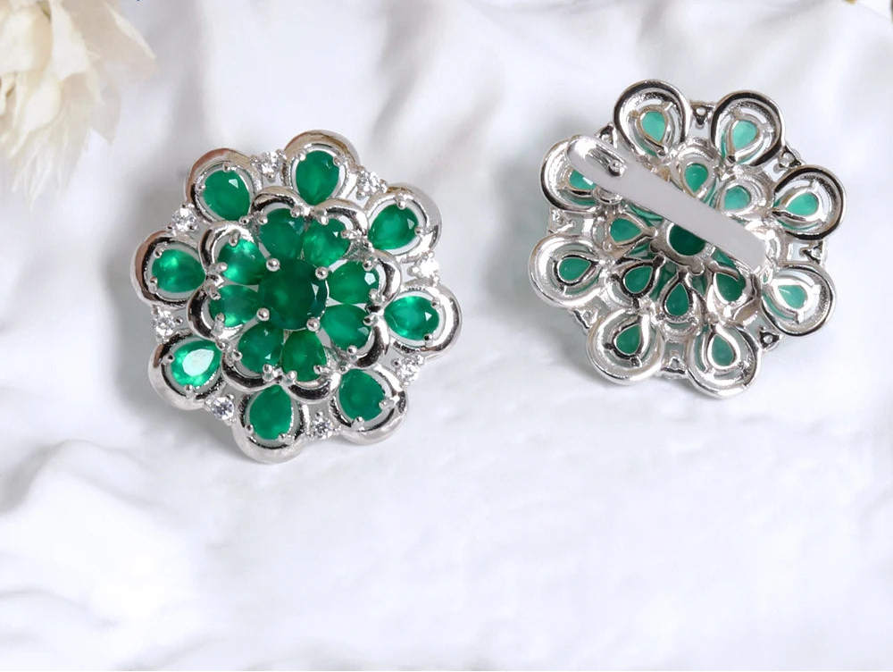 925 Sterling silver flower design natural green agate earrings Light luxury design for womens