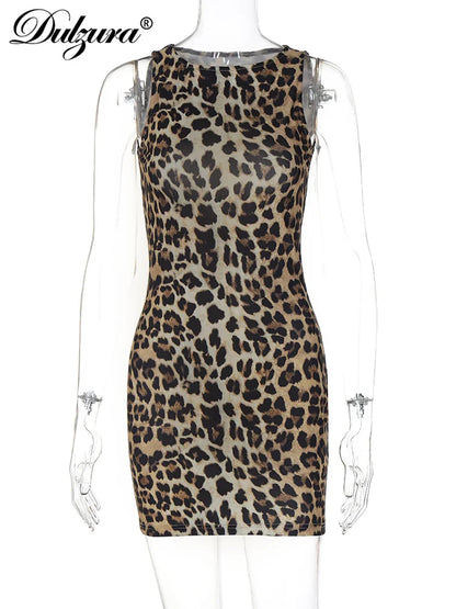 Dulzura Leopard Sleeveless Slim Mini Dress Women'S Sexy Bodycon Outfit Party Clubwear Autumn Winter